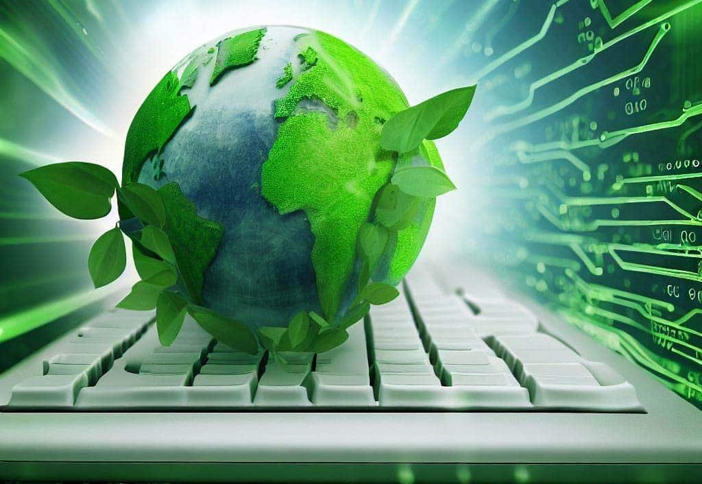 Informàtica sostenible: el planeta terra descansa sobre un teclat envoltat de fulles verdes